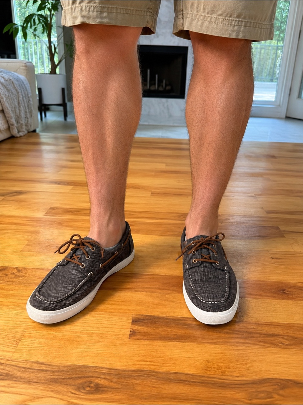 Sperry Gray Canvas Boat Shoes with Brown Laces